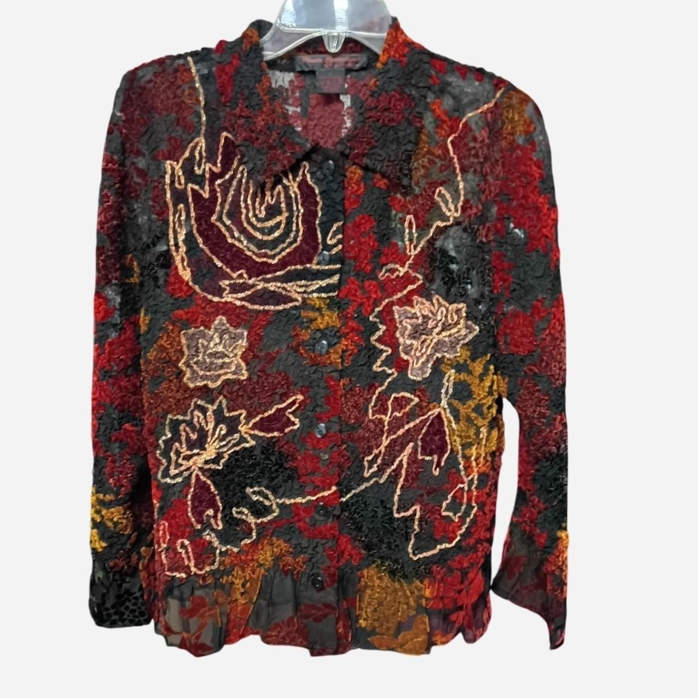 Red And Gold Floral Velvet Burnout Blouse Pleats Collection Ping Imports Large